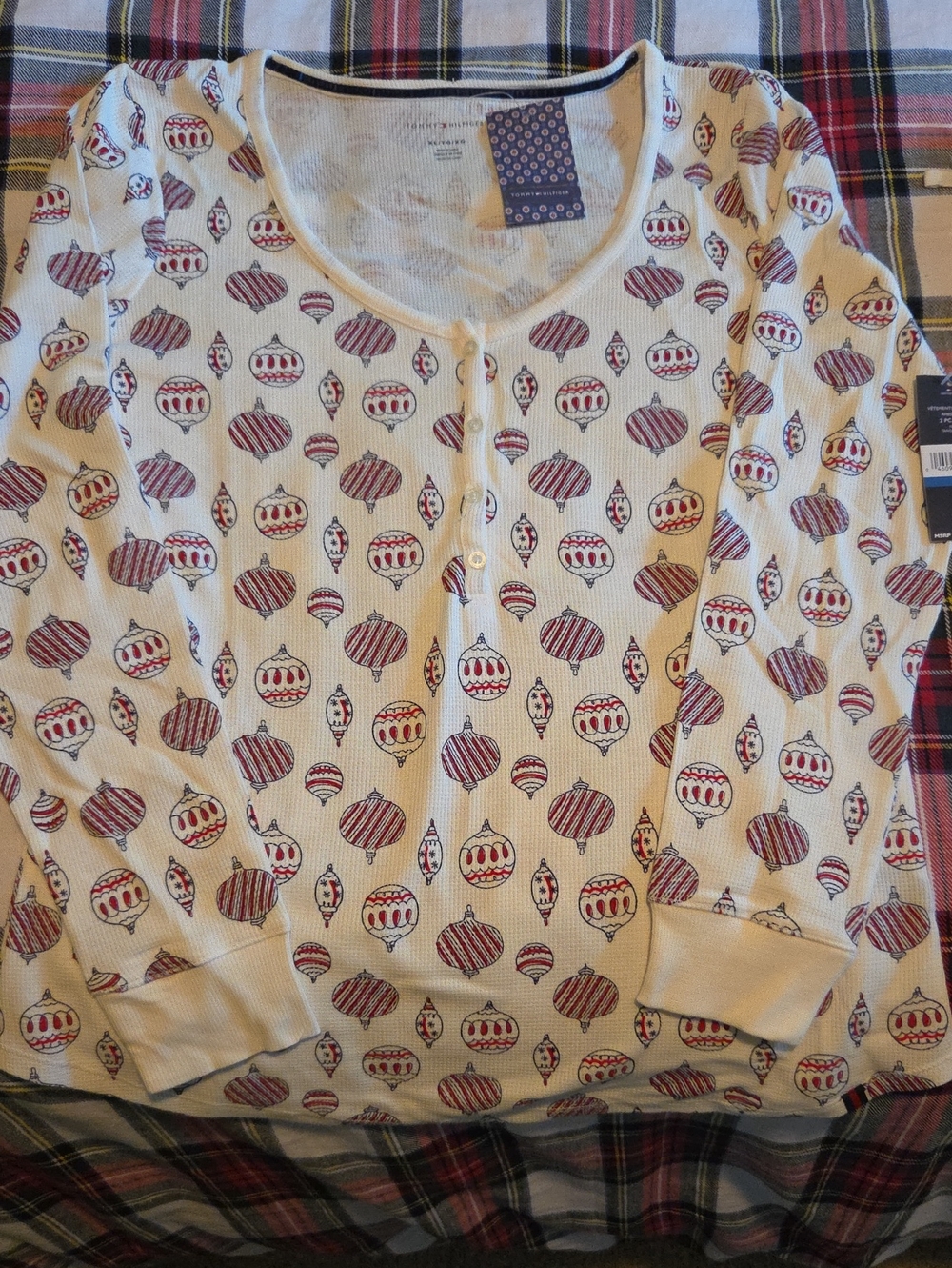 Tommy Hilfiger Cream Henley Top with Red and Black Ornament Print